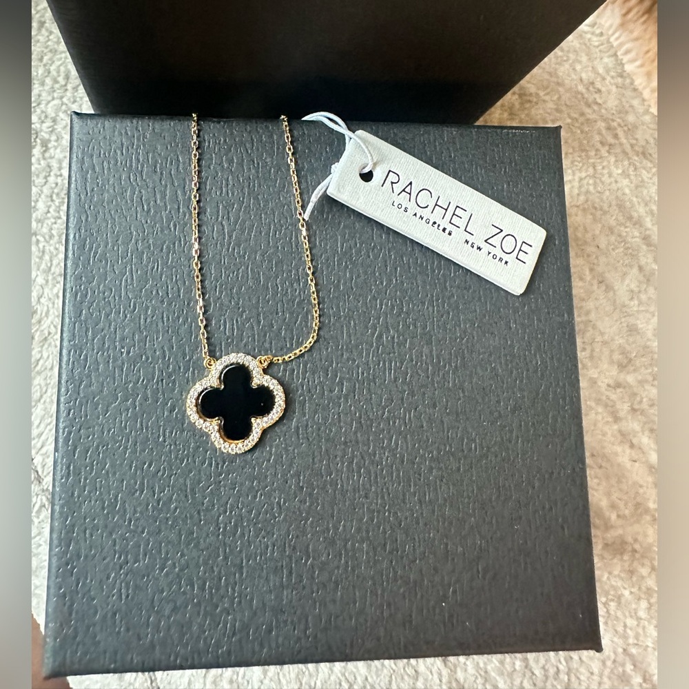Rachel Zoe Clover 18K Gold Plated Necklace - Black Never Worn With Box New